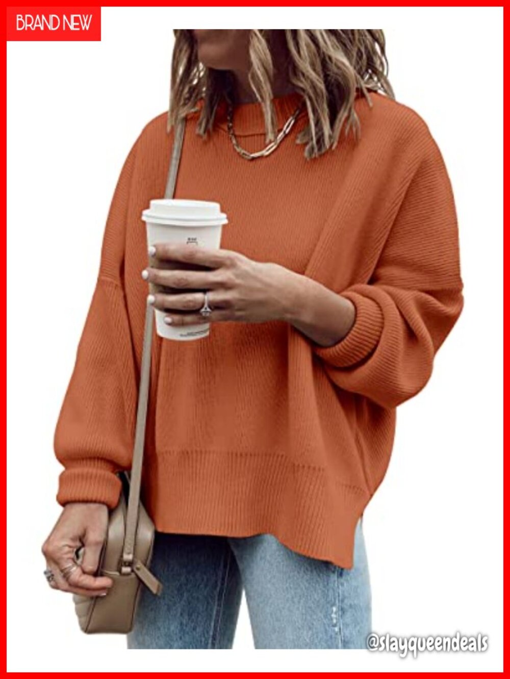 Oversized Tunic Sweater Loose Fit Ribbed Side Slit Crewneck Pullover